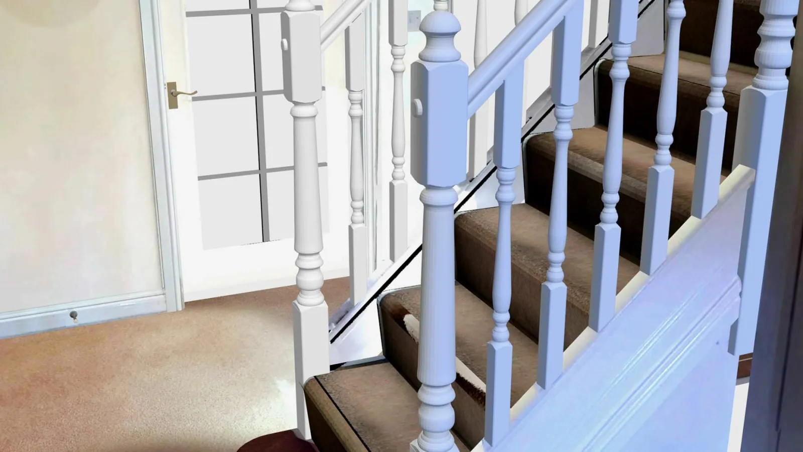 Modello 3D di una scala, del corrimano e di un corridoio su una scena, combinato da più scanner