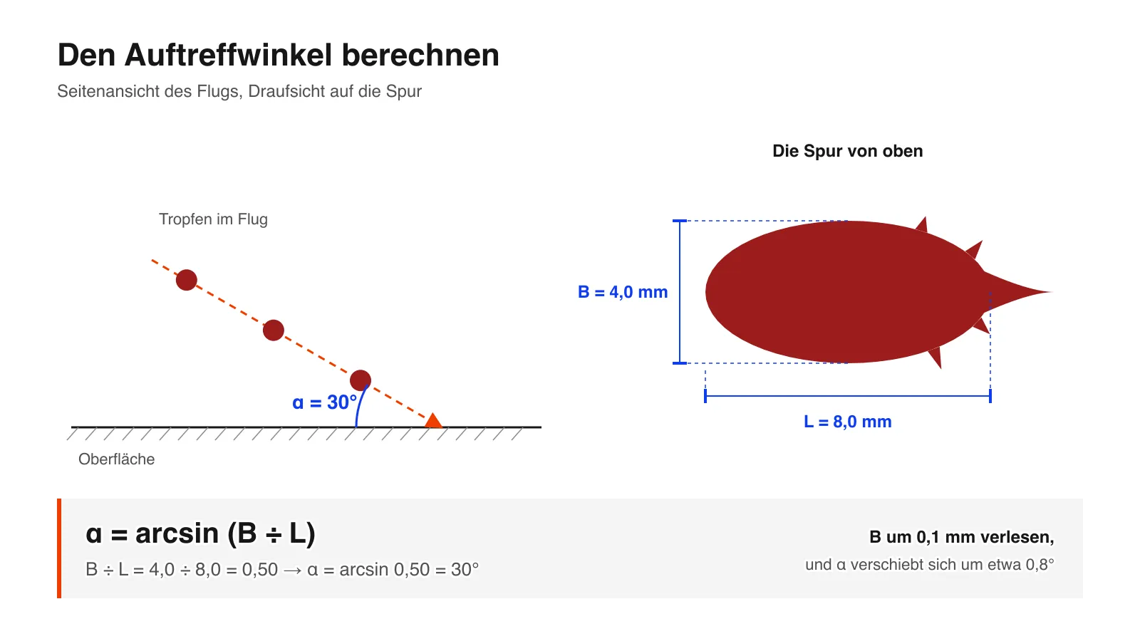 Schema des Auftreffwinkels: Ein Blutstropfen trifft unter 30° auf eine Fläche und hinterlässt eine 4,0 mm breite und 8,0 mm lange Spur, also α = arcsin(B ÷ L) = 30°