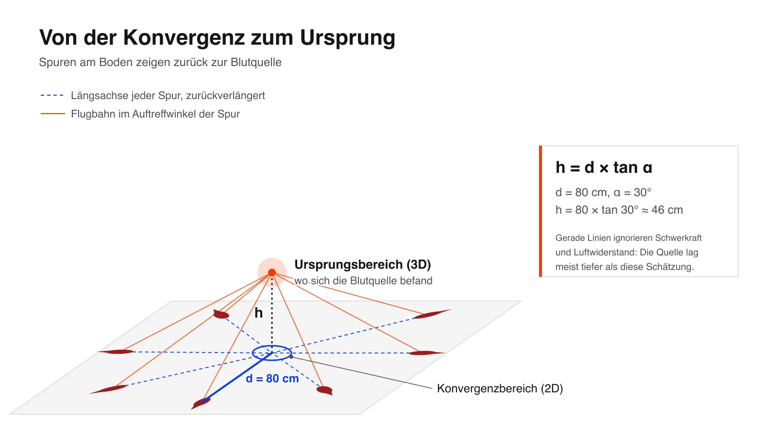 Schema von Konvergenzbereich und Ursprungsbereich: Die Längsachsen von Bodenspuren treffen sich in einem Punkt, und die Höhe der Quelle ist h = d × tan α
