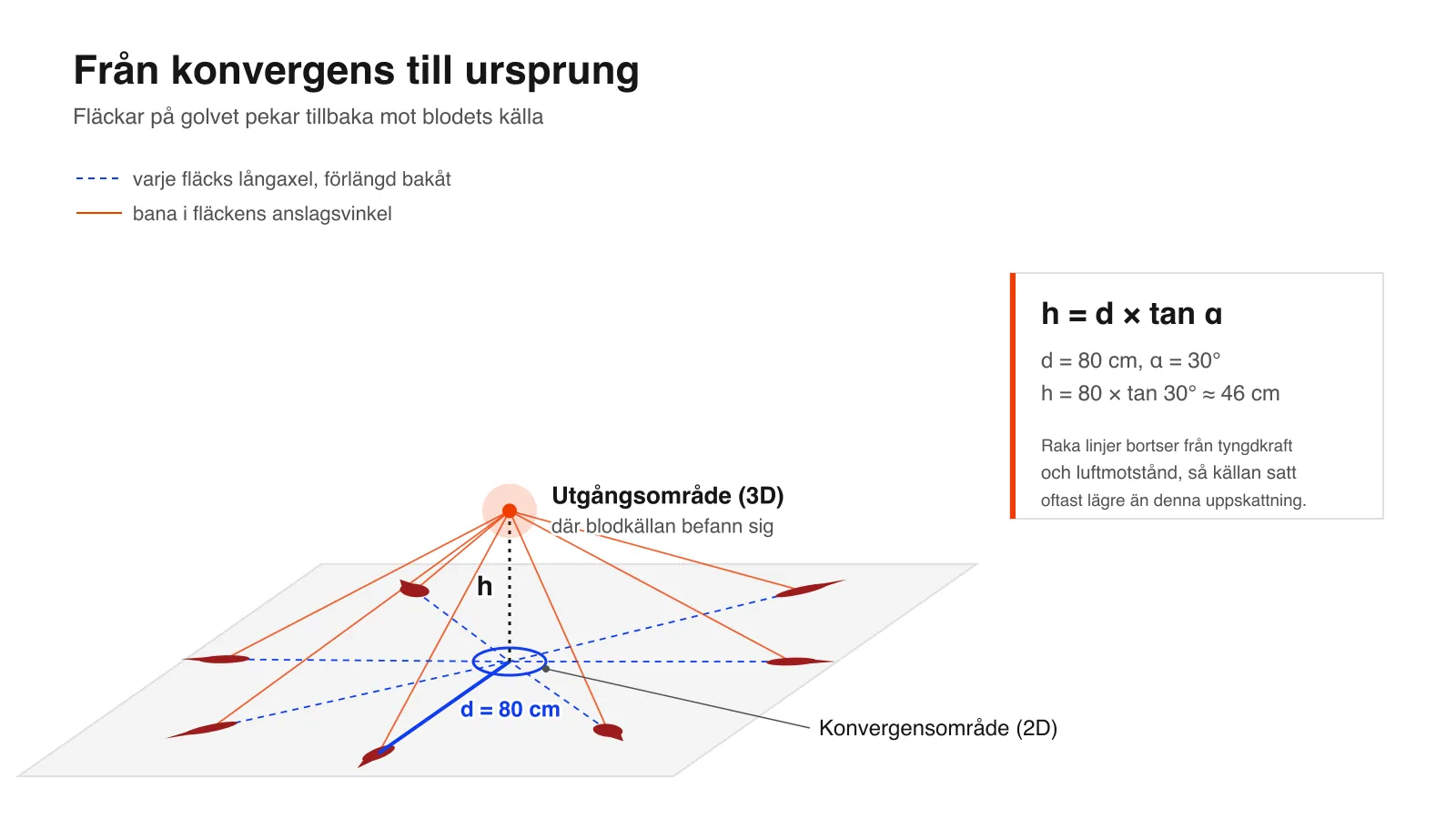 Schema över konvergensområde och utgångsområde: långaxlarna hos fläckar på golvet möts i en punkt, och källans höjd är h = d × tan α