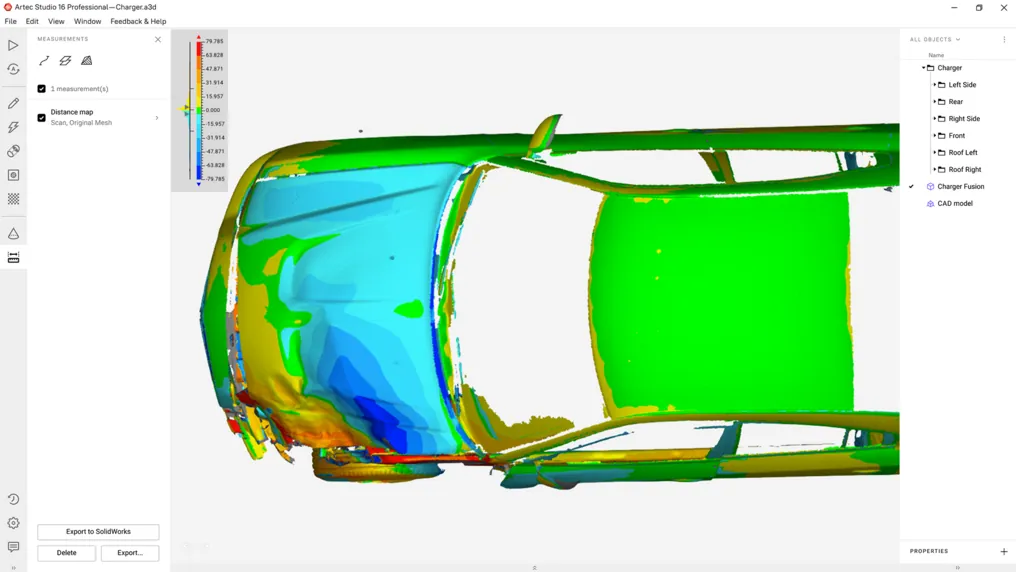 Vehicle scan with a distance map and measurements in Artec Studio