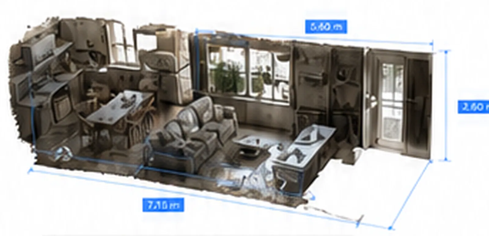 Room captured in 3D with measurements marked on the model